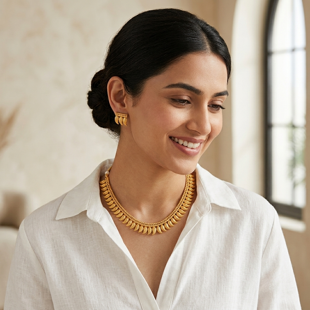 Antique Gold Plated Crescent Leaf Necklace Set