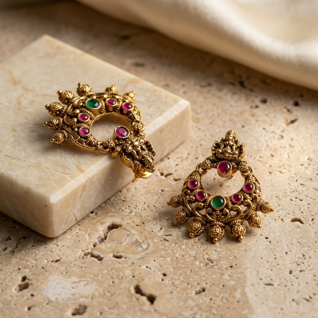 Rubi Emerald Temple Chandbali Earrings