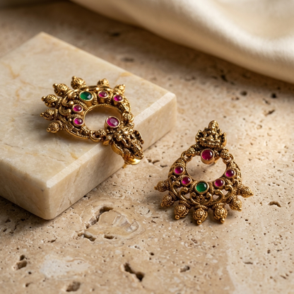 Rubi Emerald Temple Chandbali Earrings